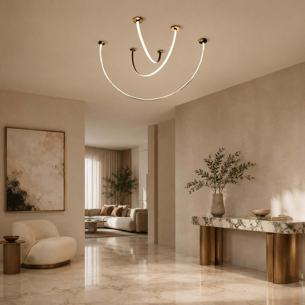 Curved Linear LED Chandelier with Leather Accents