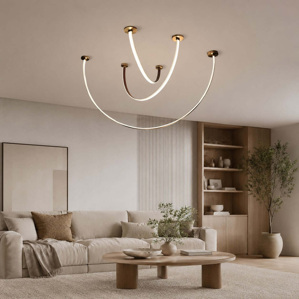 Curved Linear LED Chandelier with Leather Accents