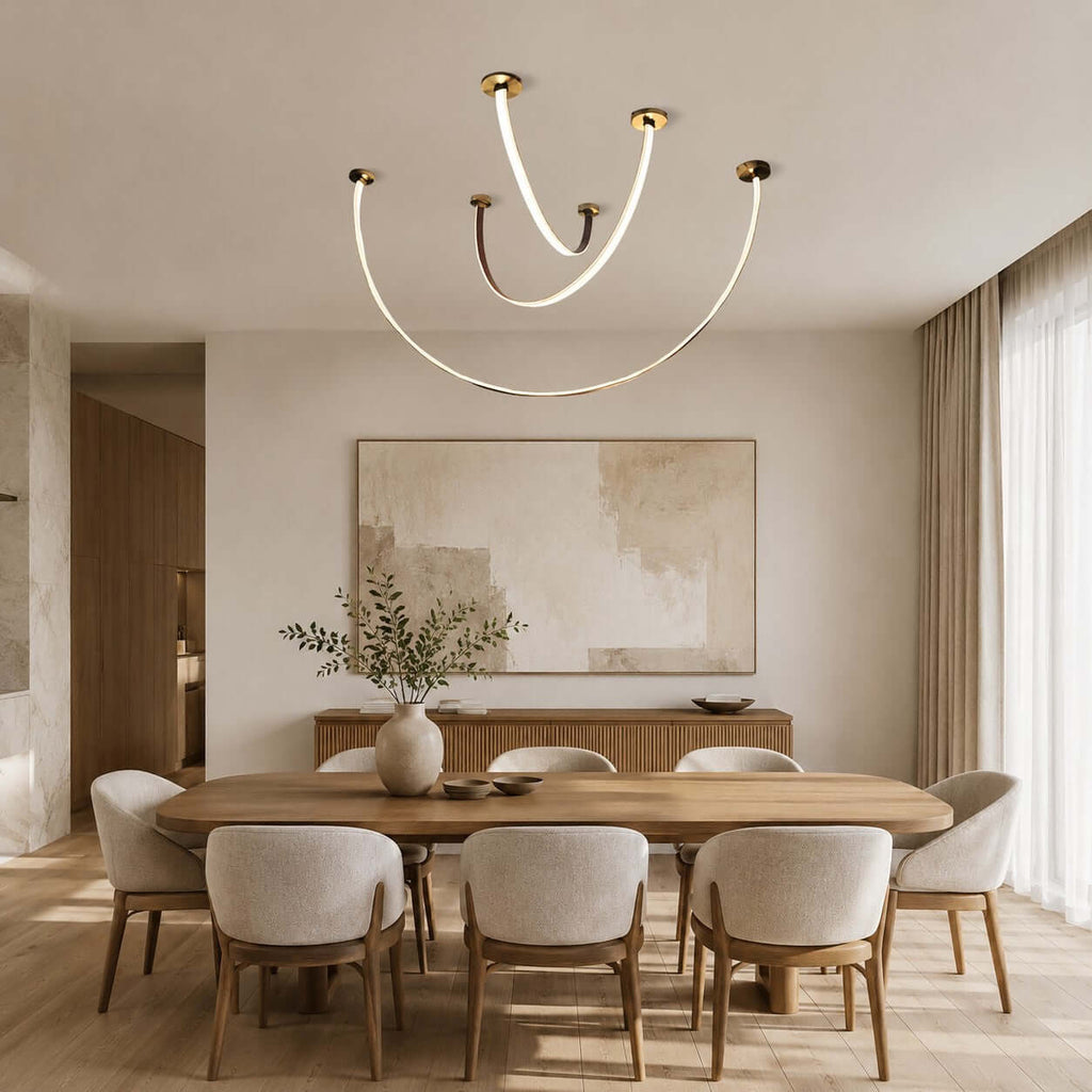 Curved linear LED chandelier with leather
