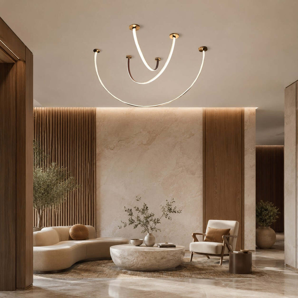 Curved Linear LED Chandelier with Leather Accents
