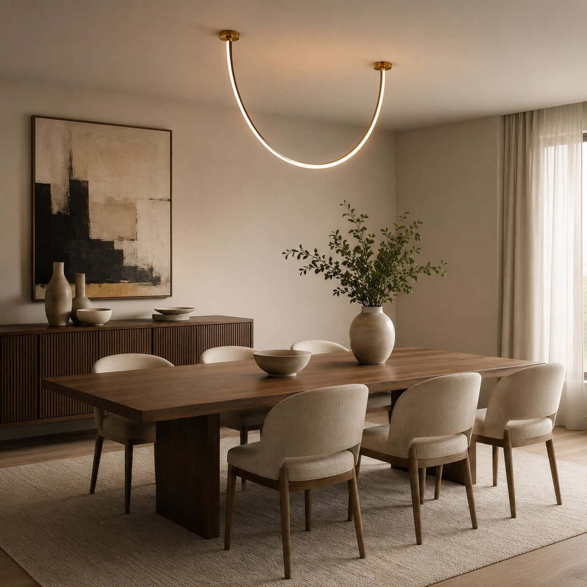 Curved Linear LED Chandelier with Leather Accents