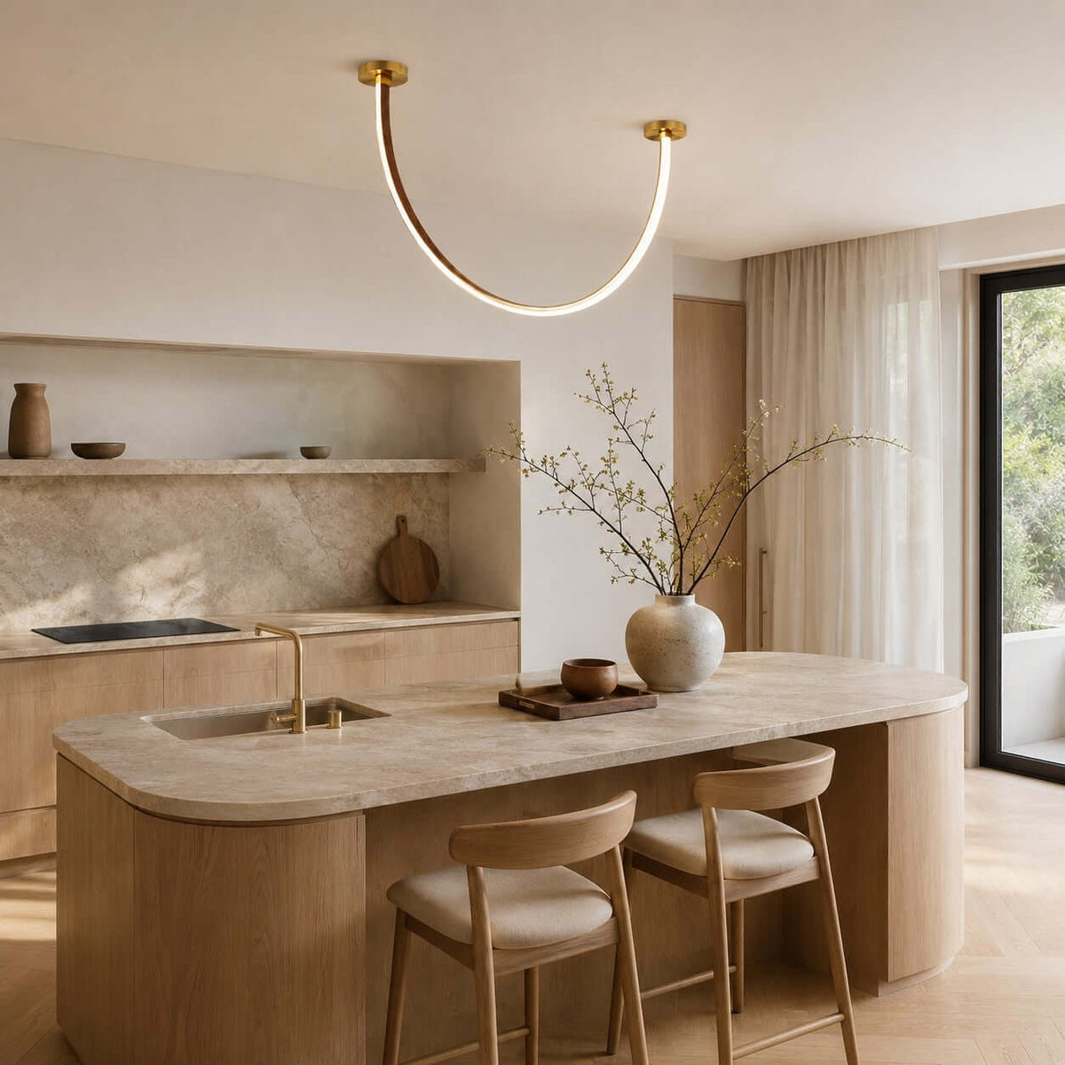 Curved Linear LED Chandelier with Leather Accents