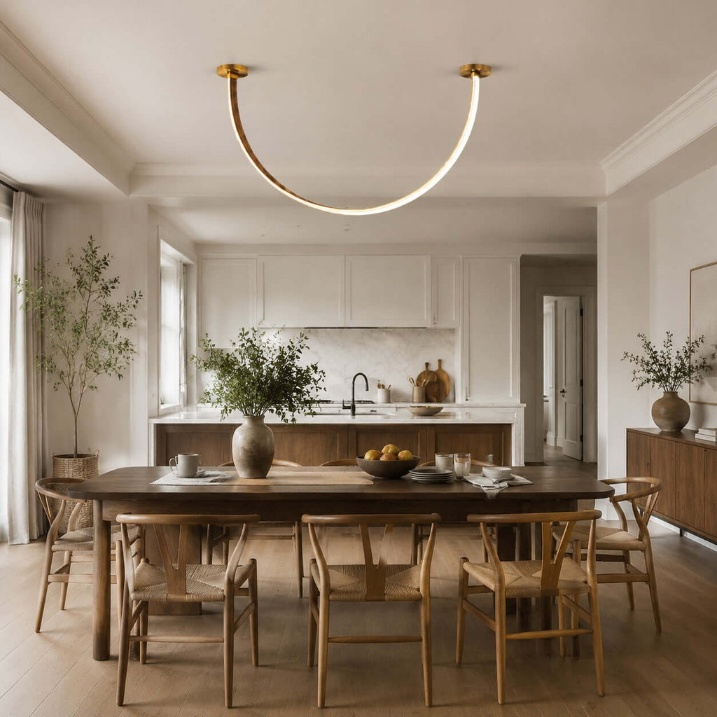 Curved Linear LED Chandelier with Leather Accents