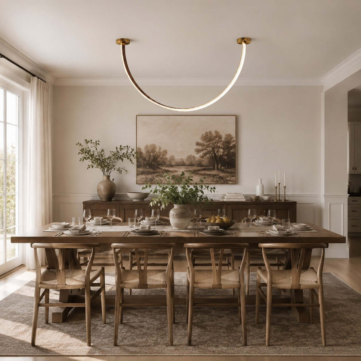 Curved Linear LED Chandelier with Leather Accents
