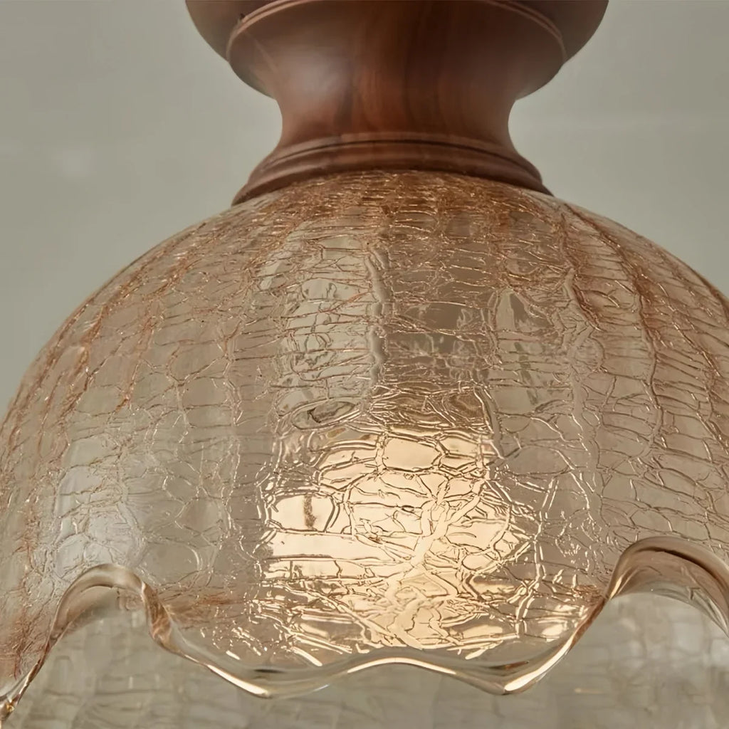 Vintage Rippled Glass Pendant Light with Wood & Brass Accents