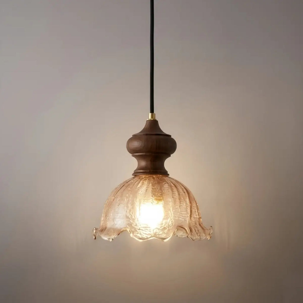 Vintage Rippled Glass Pendant Light with Wood & Brass Accents