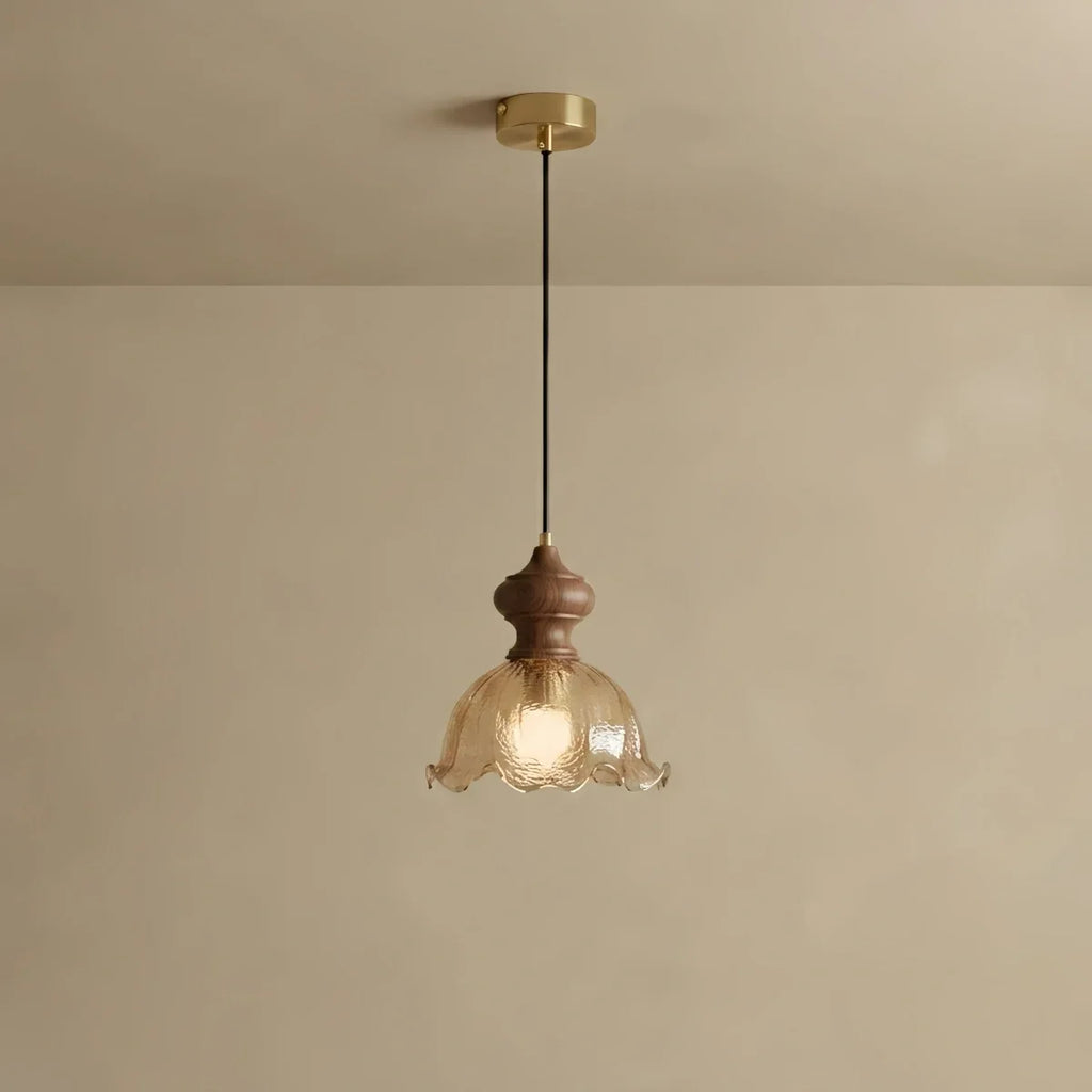 Vintage Rippled Glass Pendant Light with Wood & Brass Accents