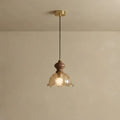 Vintage Rippled Glass Pendant Light with Wood & Brass Accents