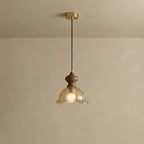 Vintage Rippled Glass Pendant Light with Wood & Brass Accents