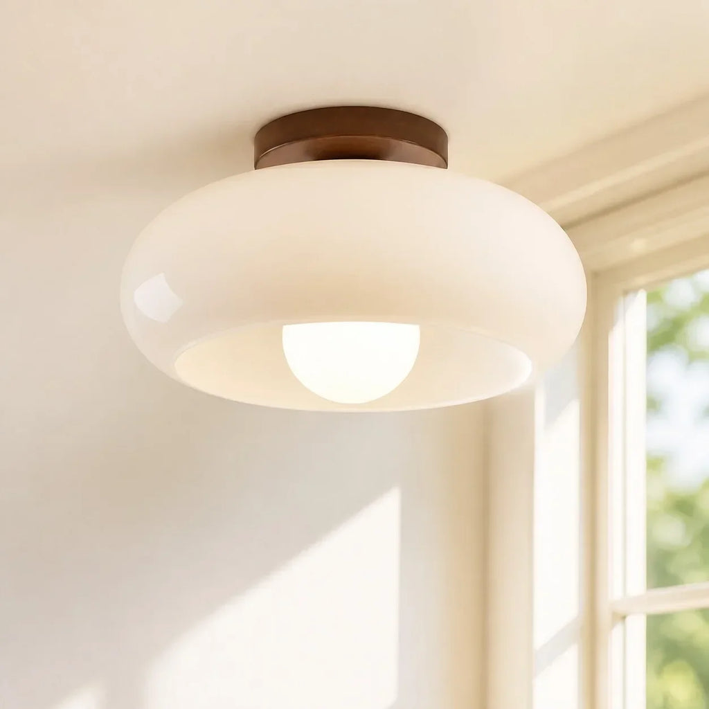 Bauhaus Opal Glass Ceiling Light with Walnut Base