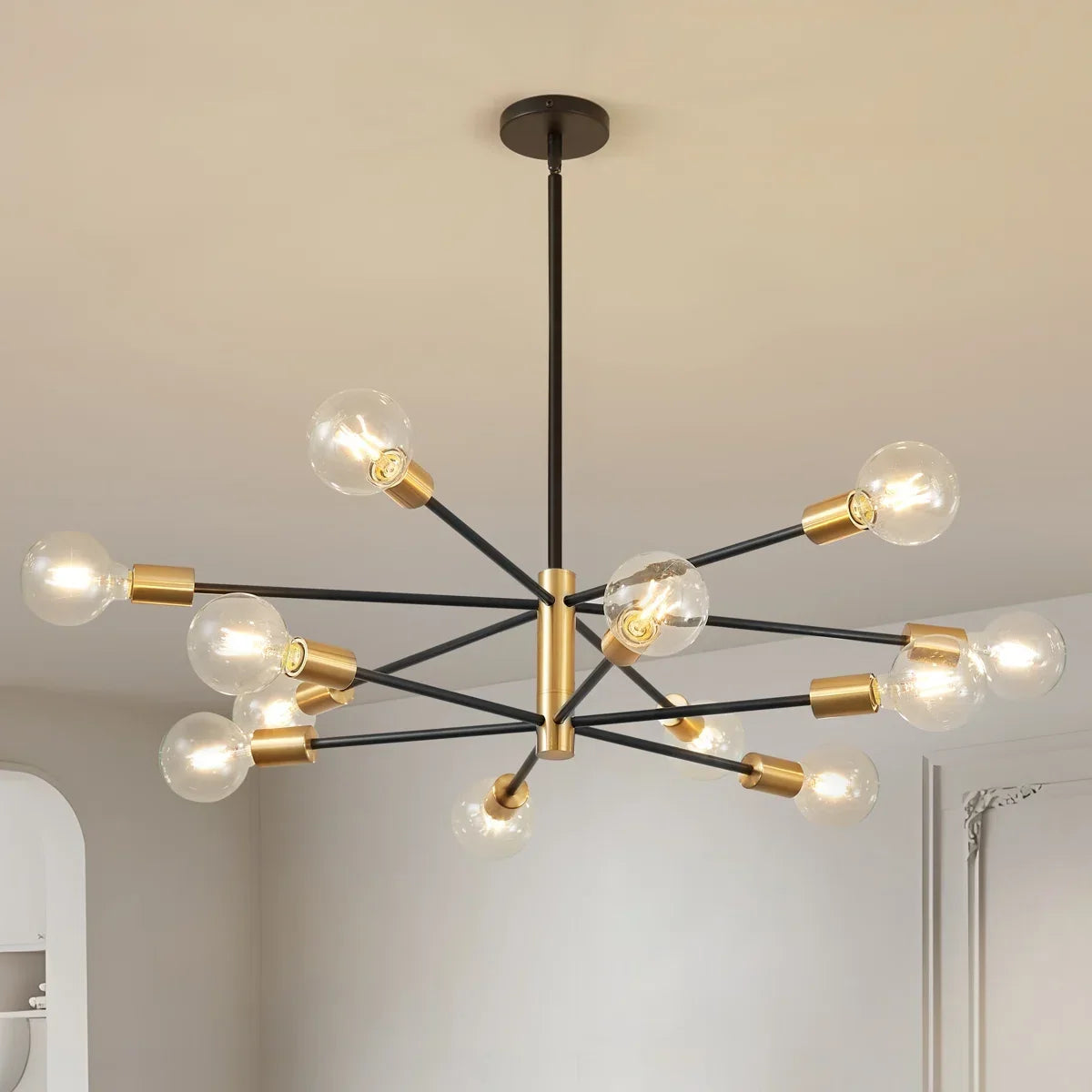12-Light Sputnik Chandelier with Frosted Globes – Black or Gold