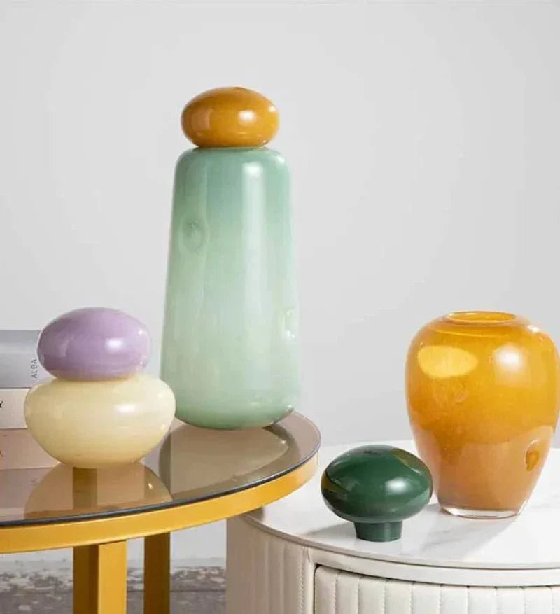 Pastel pebble glass vase with stacked-stone lid