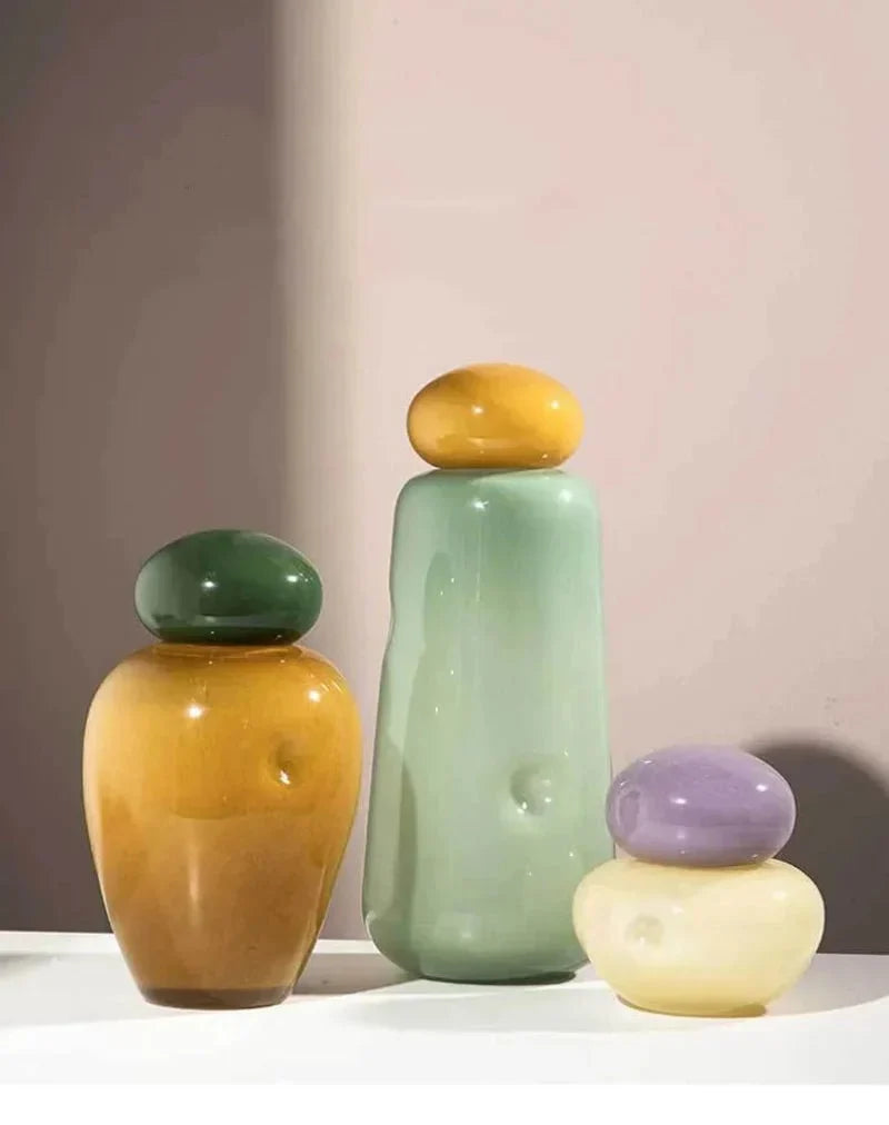 Pastel Pebble Glass Vase with Stacked-Stone Lid