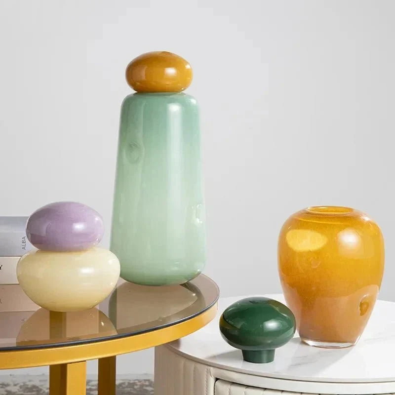 Pastel Pebble Glass Vase with Stacked-Stone Lid