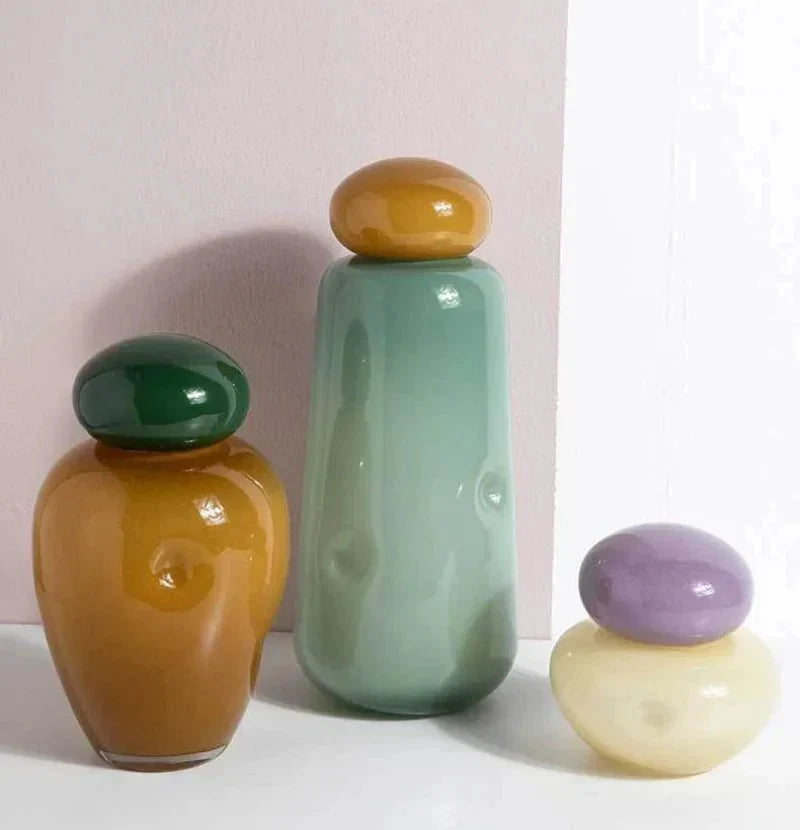 Pastel Pebble Glass Vase with Stacked-Stone Lid