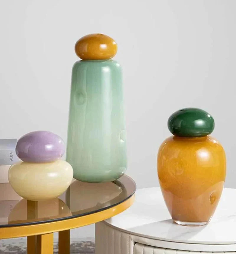 Pastel Pebble Glass Vase with Stacked-Stone Lid