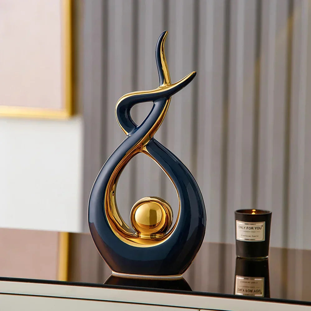 Abstract Ceramic Spiral Sculpture with Gold Detail