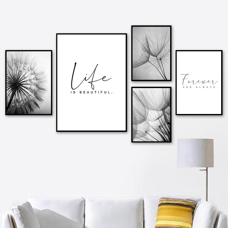 Black & White Dandelion Botanical Canvas Wall Art Print