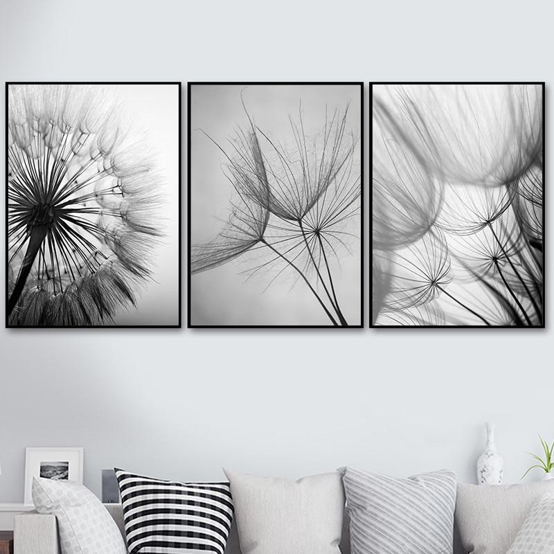 Black and white dandelion botanical canvas wall art