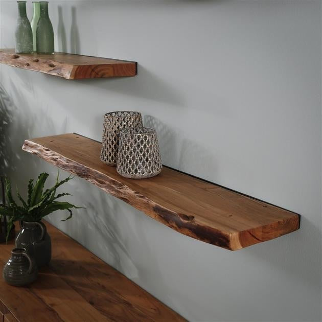 Live-edge acacia wood wall shelf