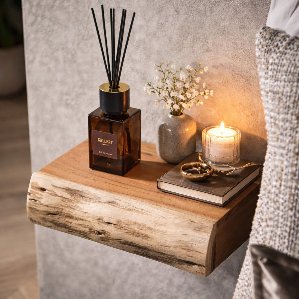 Floating acacia wood bedside shelf