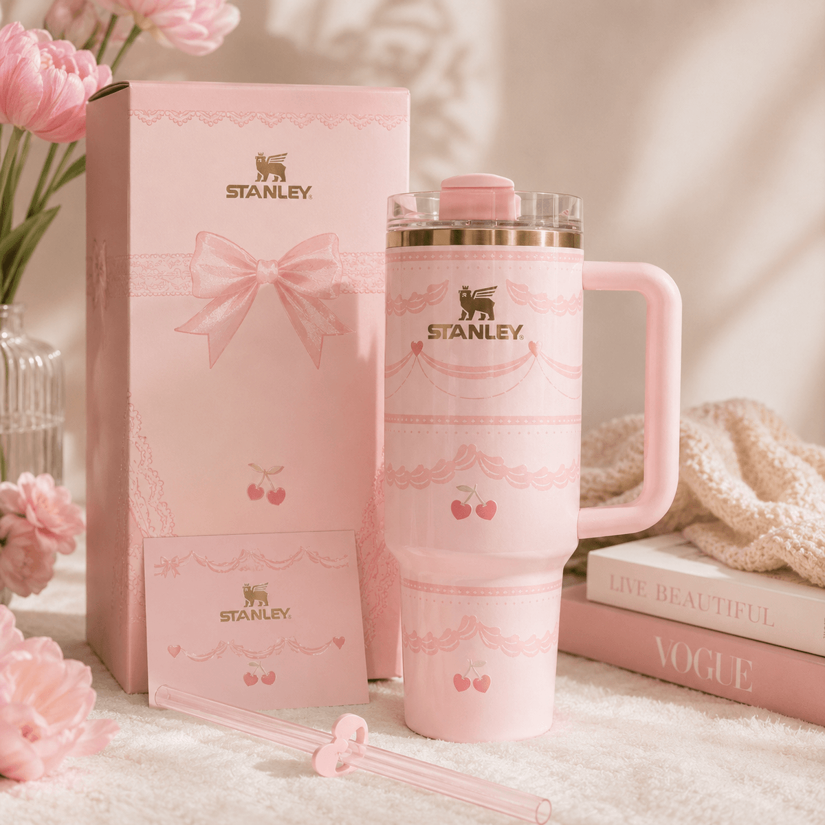 Stanley Cherry Lace Pink Tumbler with Gift Box | BROKLEN