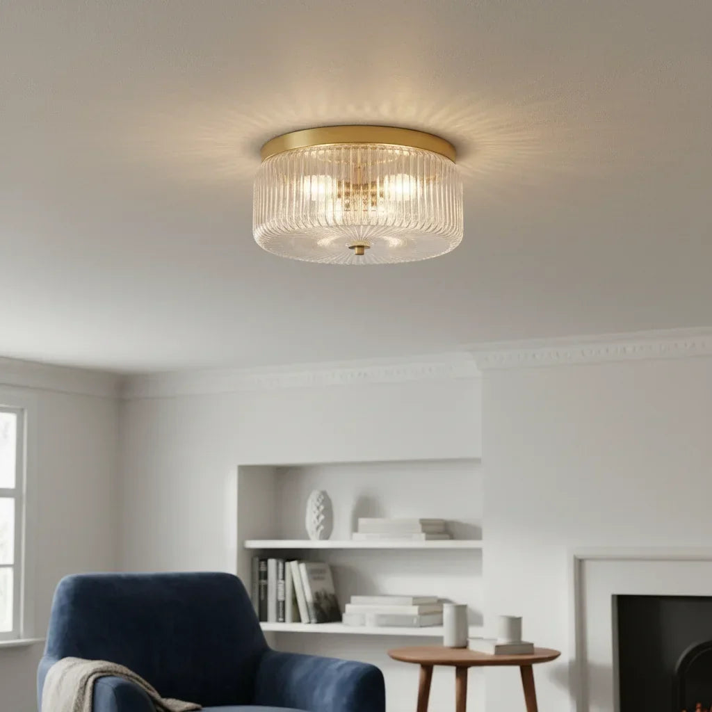 Ribbed glass flush mount ceiling light gold
