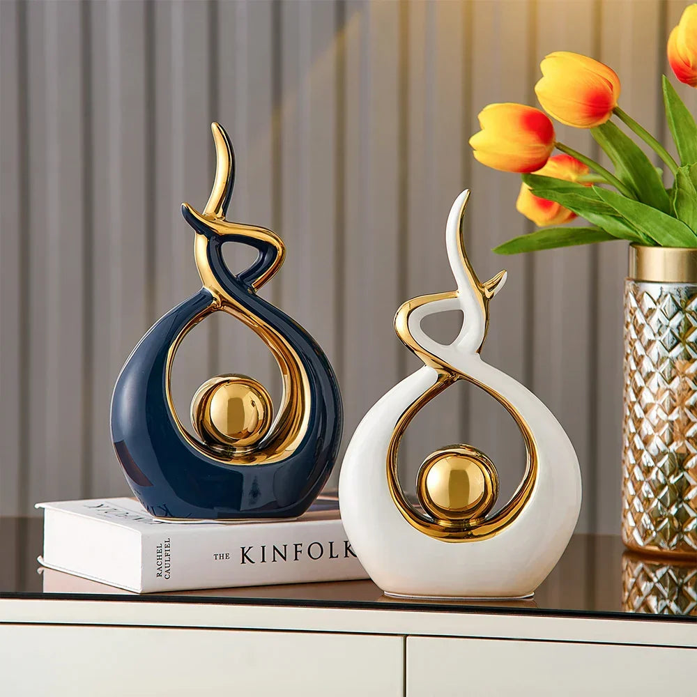 Abstract Ceramic Spiral Sculpture with Gold Detail
